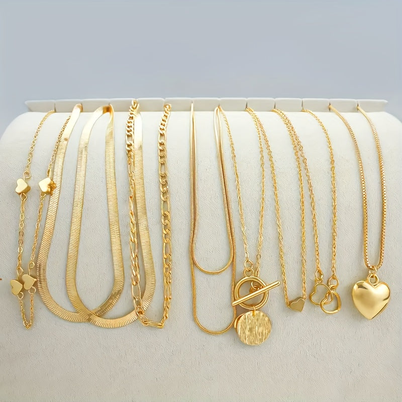 10 PCS Set Luxury Necklace Set Featuring Vintage Heart And Geometric Pendants with Snake Chains And OT Clasps, Perfect for Everyday Wear, Parties, And Gifts Women Jewelry Accessory Sets