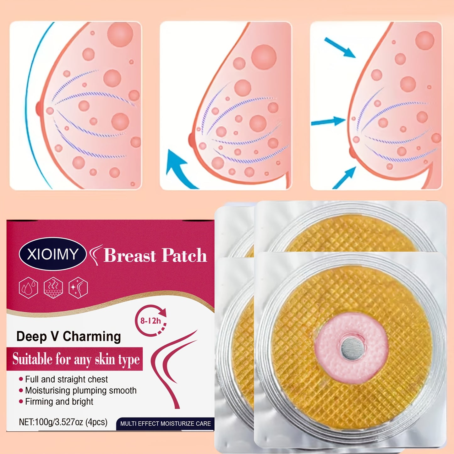 4 PCS Set of Instant Lift And Firm Breast Patches, Providing Intense Hydration And Deep Nourishment, Making The Skin on The Breasts Softer And More Hydrated, Infused with Aloe Vera And Hyaluronic Acid, Suitable for All Skin T