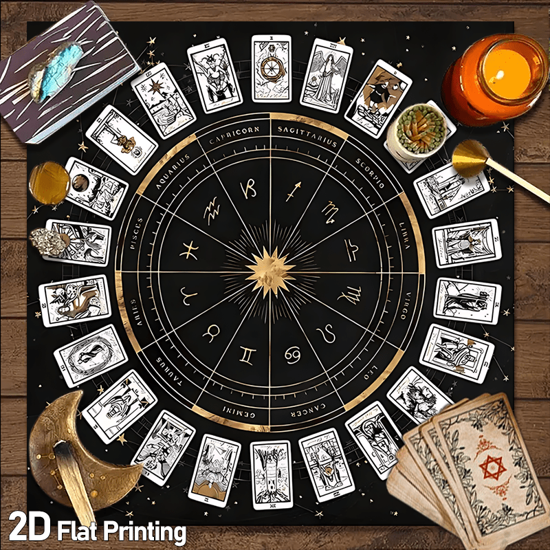 Zodiac Chart Tarot Tablecloth - Black & Golden Astrological layout with 12 Zodiac Signs - Heavy-Duty Machine-Washable Polyester Altar Cloth for Tarot, Astrology, Witchcraft, Meditation - Multiple Sizes (50x50/60x60/75x75/80x8