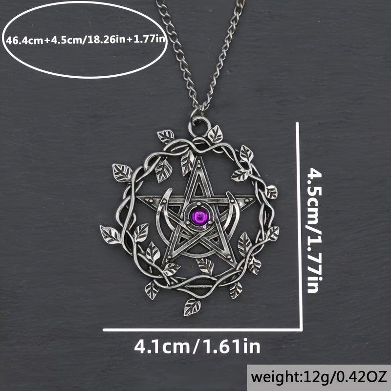 Vintage Pentagram Leaf Mosaic Purple Gemstone Pendant Necklace Women Fashion Wedding Party Gothic Jewelry Gifts