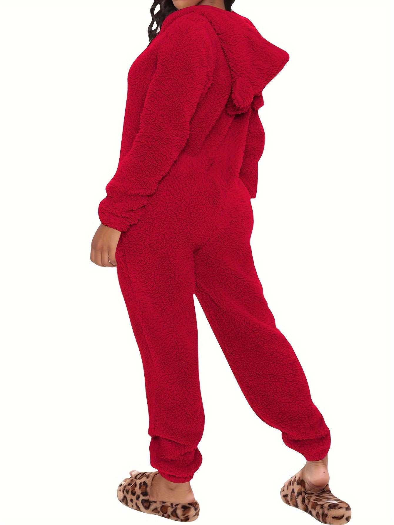 UK Size 6 Colors Fuzzy Hooded Pajama Jumpsuit For Music Festival, Comfy & Cute Long Sleeve Zipper Pajamas, Women's Lingerie & Sleepwear