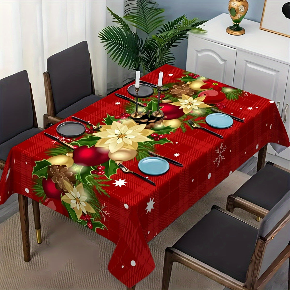 1PC Red and White Plaid Christmas Decorative Print Foldable Easy Storage Tablecloth, Suitable for Kitchen, Dining Room, Holiday, Party