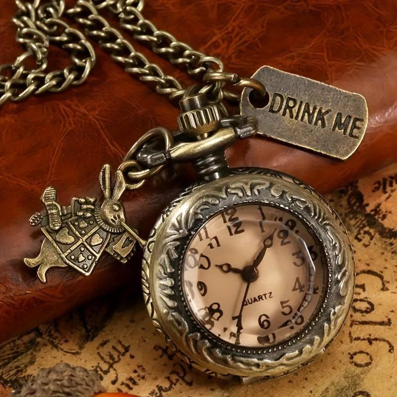 Vintage Bronze Quartz Pocket Watch For Women, Retro Alloy Case, With Rabbit And Tag, Gift For Men And Women
