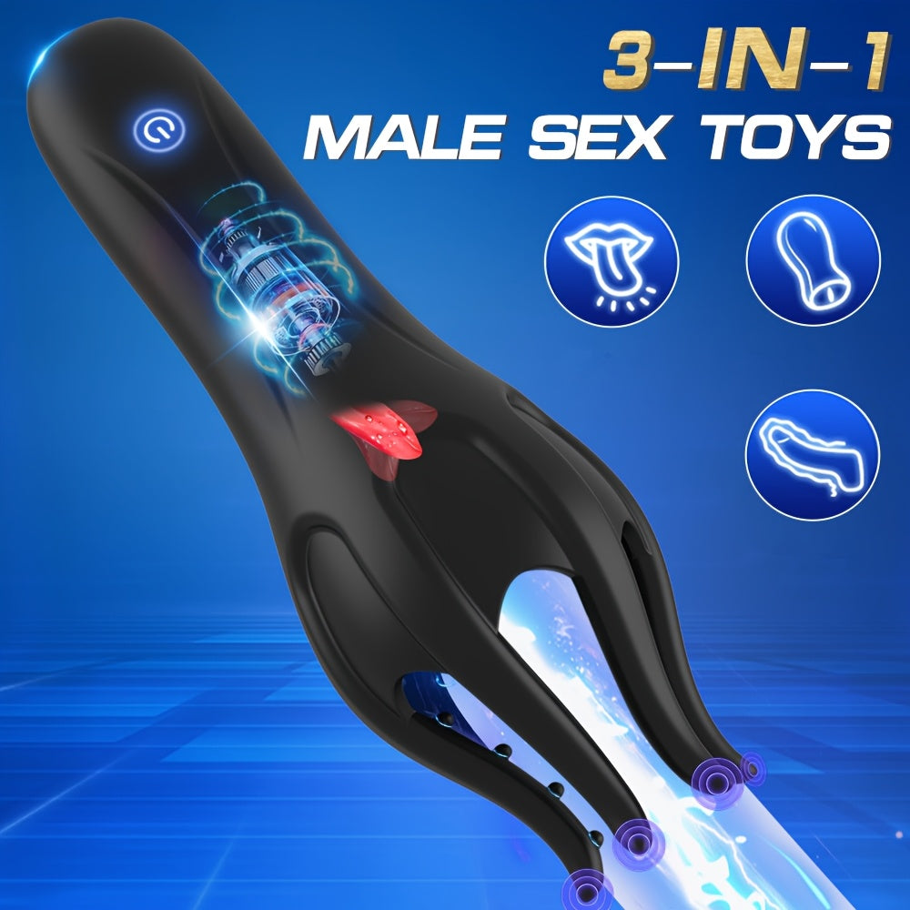 3 in 1 Men's Glans Stimulation Massager Penis Trainer Male Masturbator with Vibrating Tongue Licking Function Adult Toy for Men,  Male Pleasure Device, Realistic Feel, Discreet Toy