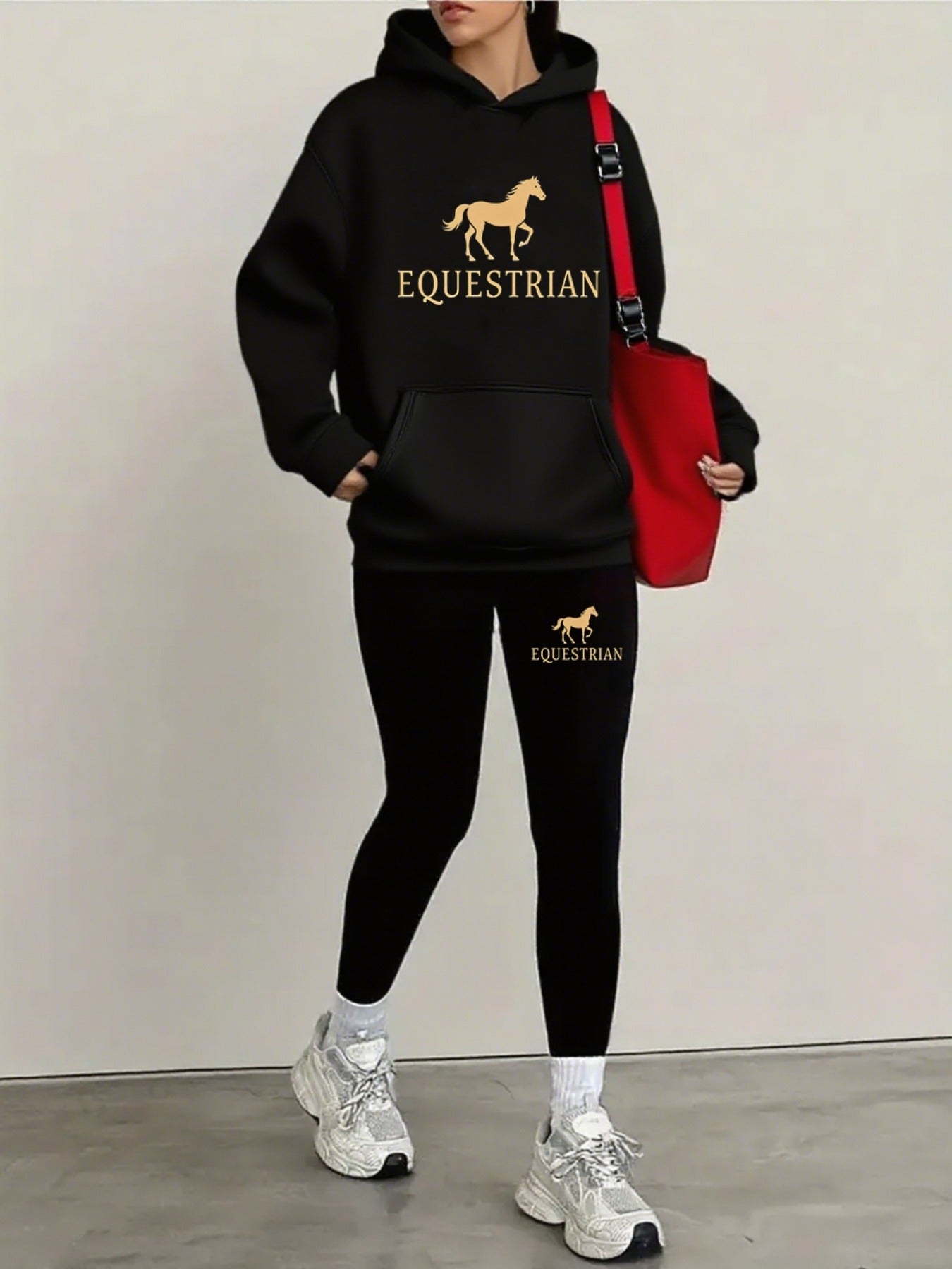Women's Equestrian Style Black Hoodie & Leggings Set - Cozy Long Sleeve Pullover with Pockets, Comfortable Stretch Fabric, Perfect for Fall/Winter Travel & Casual Wear, Casual Wear Hoodie |Equestrian Theme| Stretchy Fabric