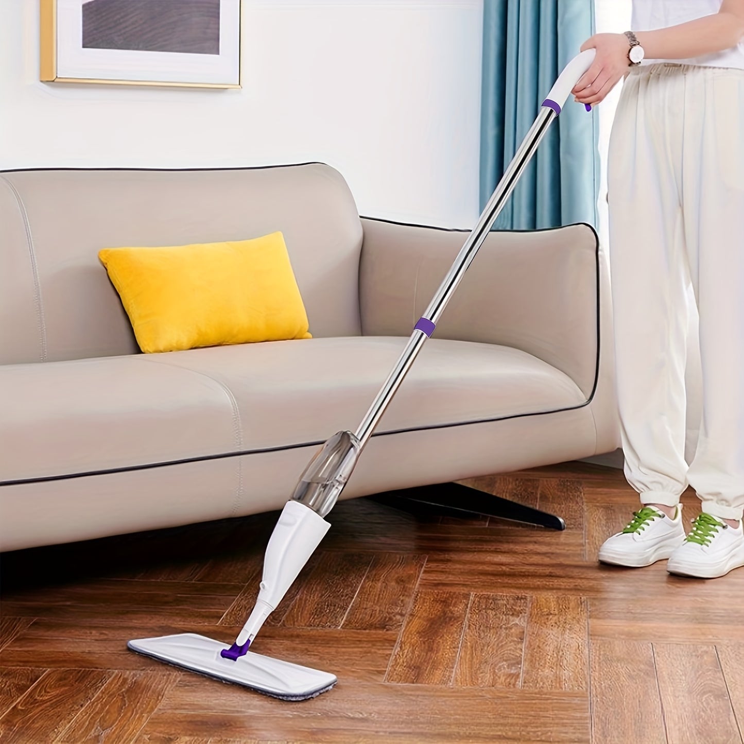 Household Mop + 4 Cloths with Spraying Function, including 4 replaceable cleaning cloths, with 360-degree flexible cleaning-suitable for living room, bedroom, kitchen and bathroom.