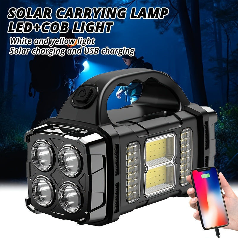 Multi-functional Solar Portable light, LED & COB Emergency light, USB charging, IP65, Front And Rear Dual Light illumination, Can Charge Your Cell phone, White Light & Yellow Light flashlight, Suitable for camping, hiking, ma
