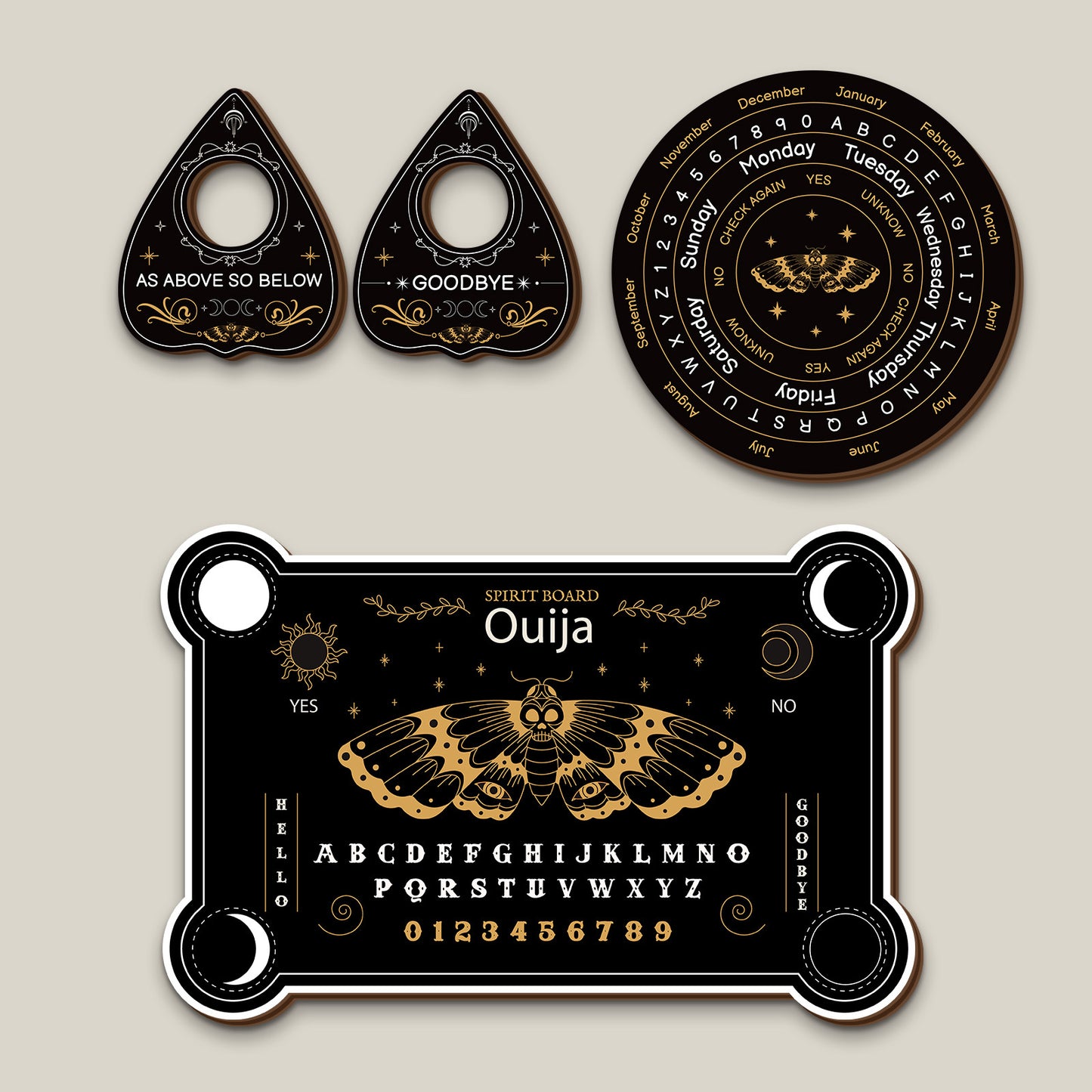 4 PCS Set Wooden Ouija Board Set - Mystical Psychic Device with Butterfly Core, Wooden Tabletop Divination Kit, Mysterious Farmhouse Decor, Suitable for Divination, Meditation, and Fortune Telling. No Batteries Required/Easy
