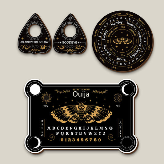 4 PCS Set Wooden Ouija Board Set - Mystical Psychic Device with Butterfly Core, Wooden Tabletop Divination Kit, Mysterious Farmhouse Decor, Suitable for Divination, Meditation, and Fortune Telling. No Batteries Required/Easy