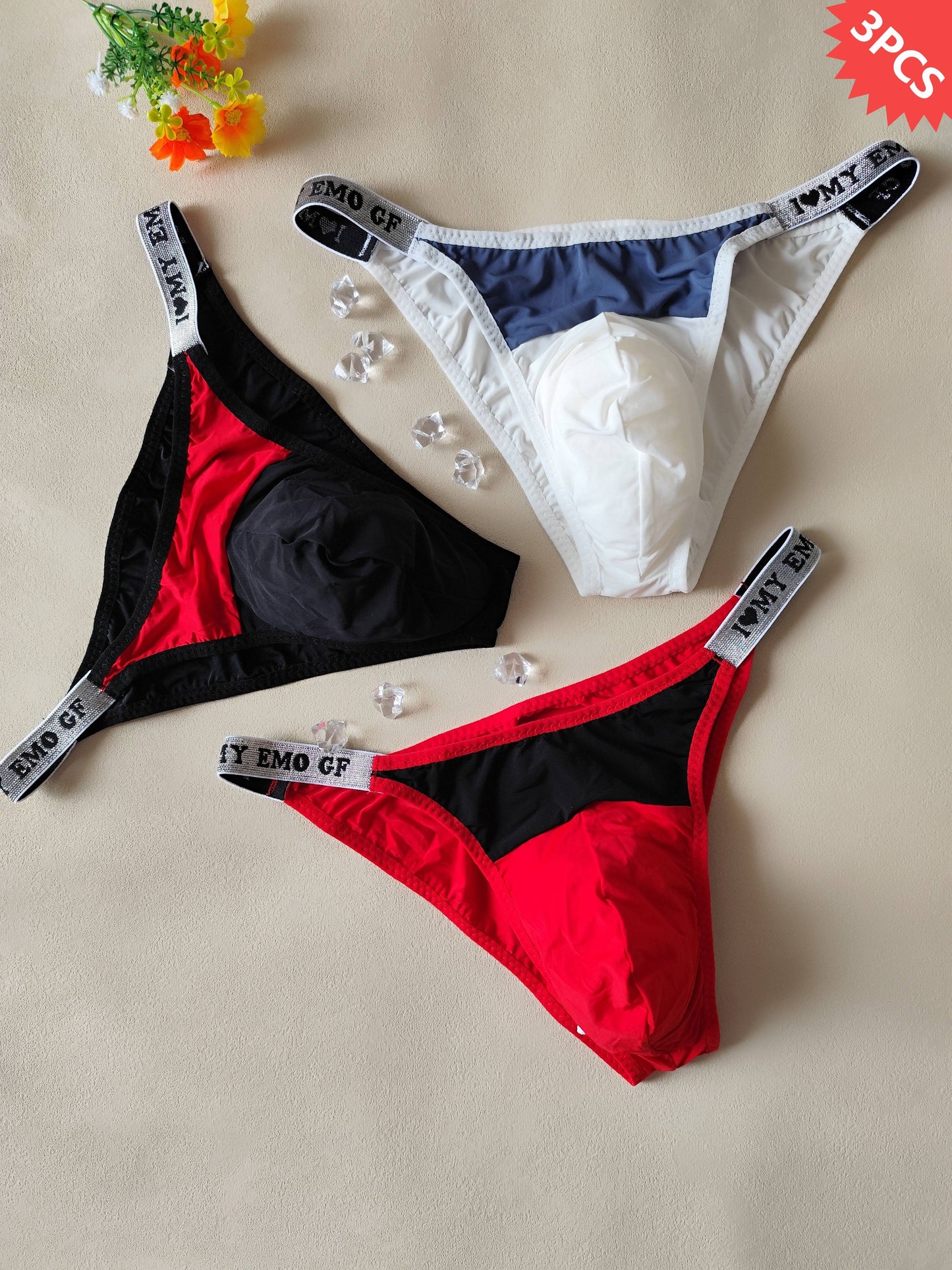 3pcs Men's Sexy Low-Rise Briefs with Love Waistband - Soft, Breathable Nylon Underwear with Stylish Pouch Design, Sizes M/L