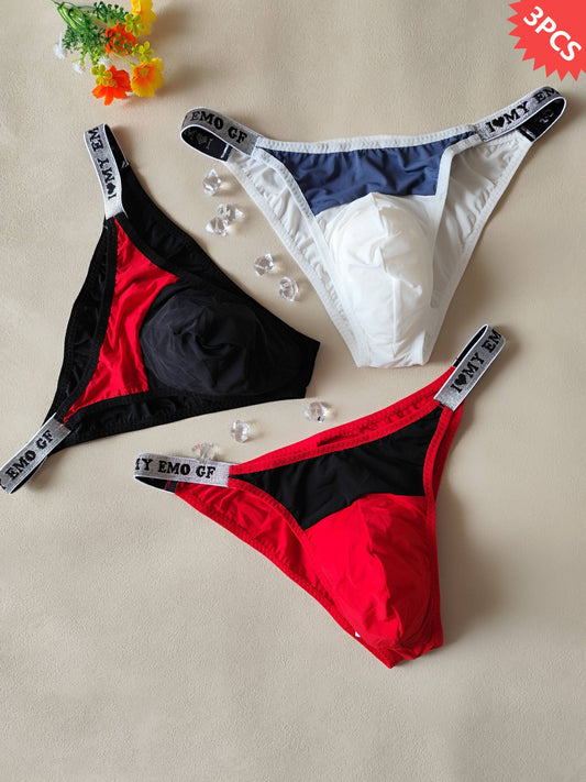 3pcs Men's Sexy Low-Rise Briefs with Love Waistband - Soft, Breathable Nylon Underwear with Stylish Pouch Design, Sizes M/L