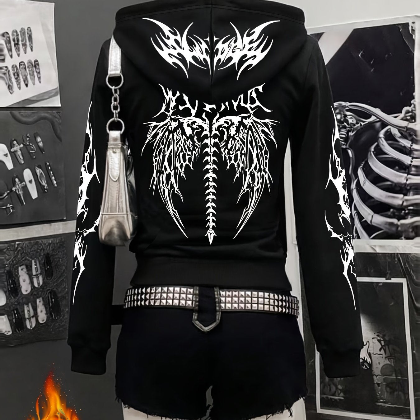 Autumn And Winter Y2K Gothic Style Printed Trendy New Zip Design Thick Plush Black Hooded Zip Jacket, Black Cardigan for a Casual And Relaxed Commuting Look