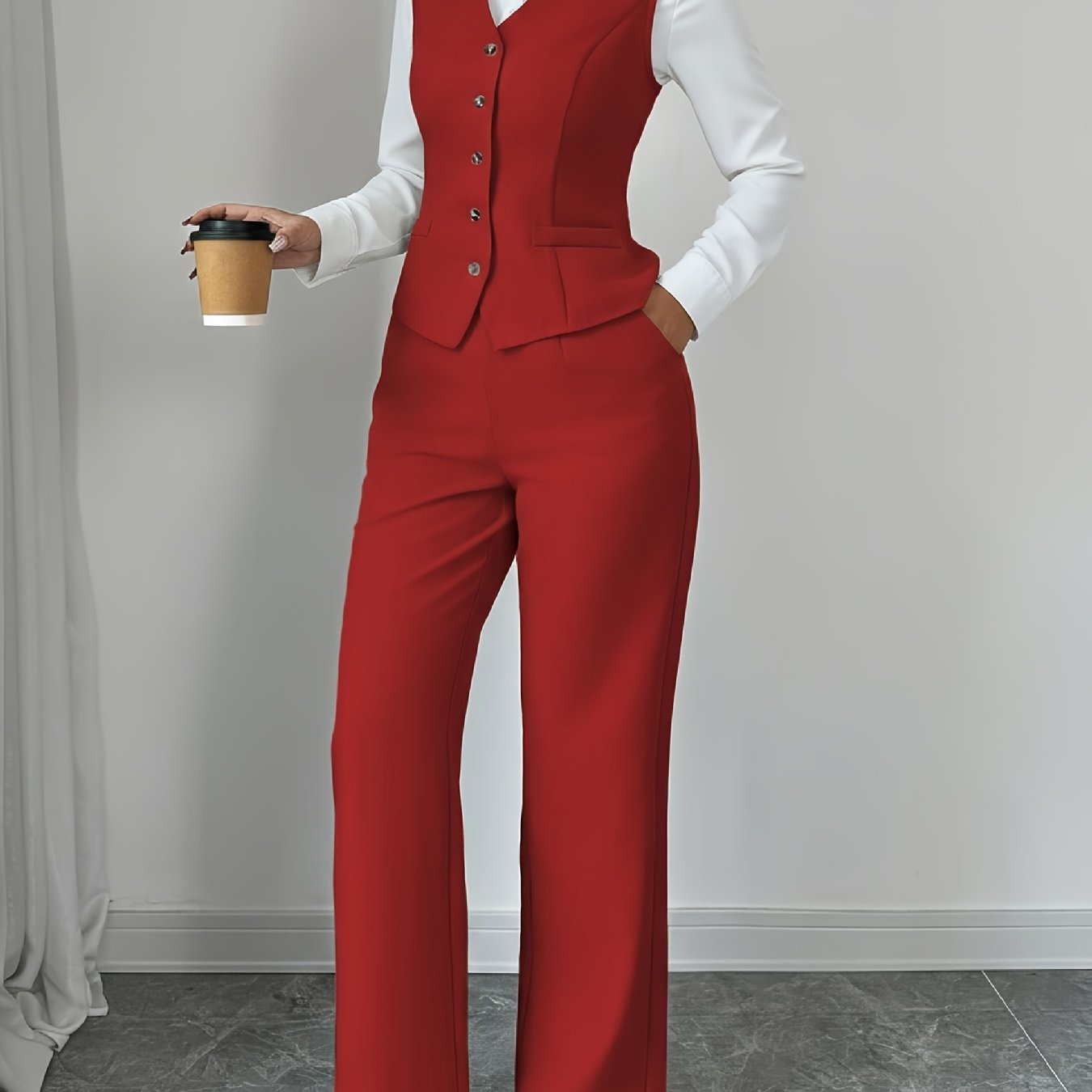 2 PCS Set UK 8-18 Size 5 Colors New Summer Women's Casual Elegant Chic Solid Color Sleeveless Single-Breasted Waist-Cinching Vest + High-Waist Wide-Leg Pants