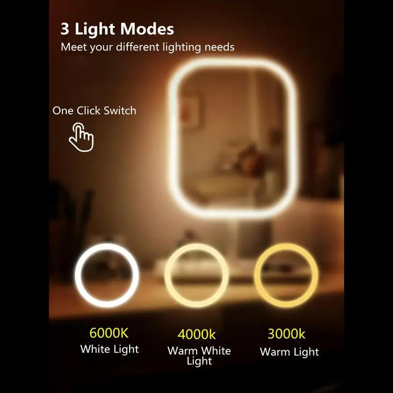 LED Makeup Mirror with Lights, Dressing Table Lighting, Portable Foldable Touch Control, 3 Lighting Modes for Makeup - Rechargeable Battery, Polished Glass Surface, Perfect for Students and Dorm Rooms. A Stylish Accessory for