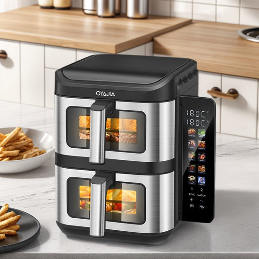 Professional 2800W Dual-Cavity 11L Family Air Fryer with Dual Drawers & Viewing Window, 10-in-1 Cooking (Air Fry/Bake/Roast), Heavy-Duty ABS/S Stainless, Oversized Basket for whole Chicken, Dishwasher-Safe for Large Gathering