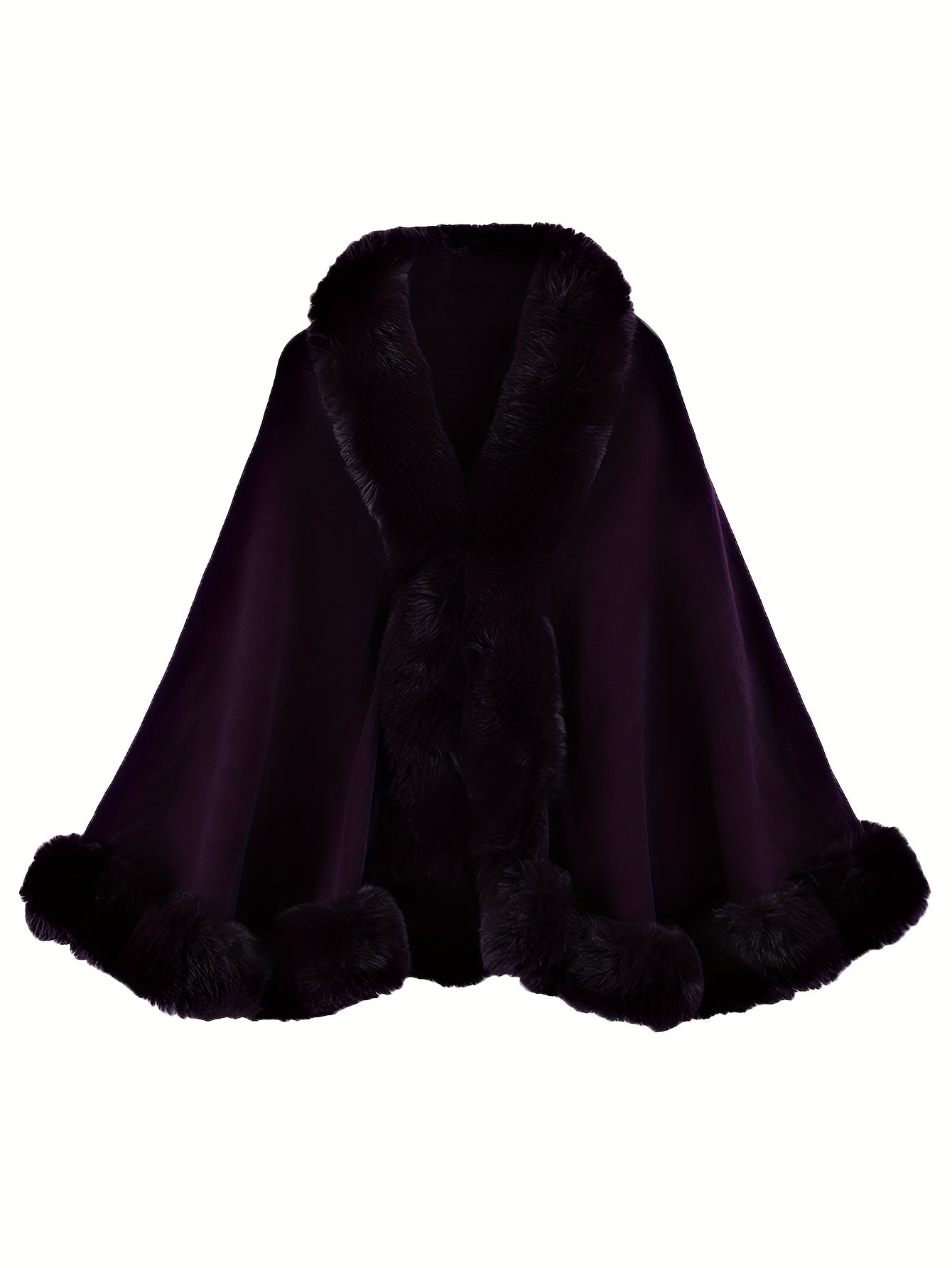 Plus Size Elegant Faux Fur Cape Coat for Women - Plush Purple Winter Coat with Contrast Collar, Warm Fall/Winter Outerwear, Non-Stretch Fabric, Stylish Black Skirt & Brown Handbag, Winter Coats for Women