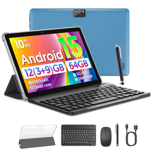 Android Tablet with Keyboard, Android 15 Tablet 10 Inch with 12(3+9)GB+64GB, 1TB Expand, 4-Core, 6000mAh, 2.0MP+8.0MP Dual Camera 5G WiFi6, 1280x800 HD Touchscreen