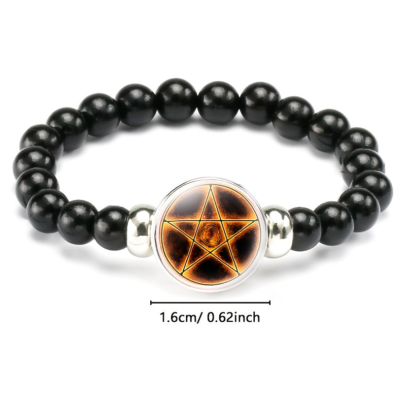 A Packaged Item (Teenager's Classic Style Black Plastic Bead And Chain Bracelet), Featuring a Unique Design with a Mysterious Pentagram Pattern Surrounded by Golden Light And Spiral Textures
