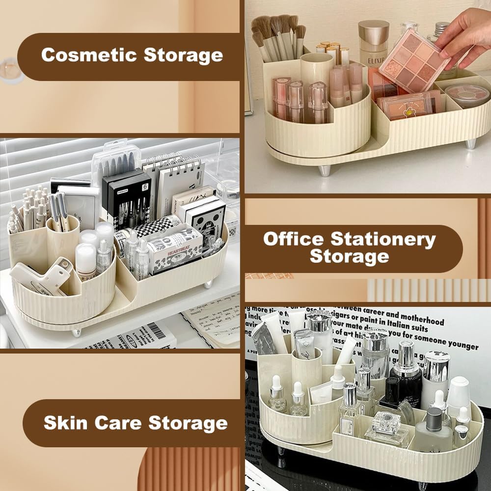 Black and White Color Rotating Makeup Organizer, 360°Rotating Large Capacity Brush Holder, Storage with Compartments for Vanity, Bathroom, Desk Container, Cosmetic Display Cases