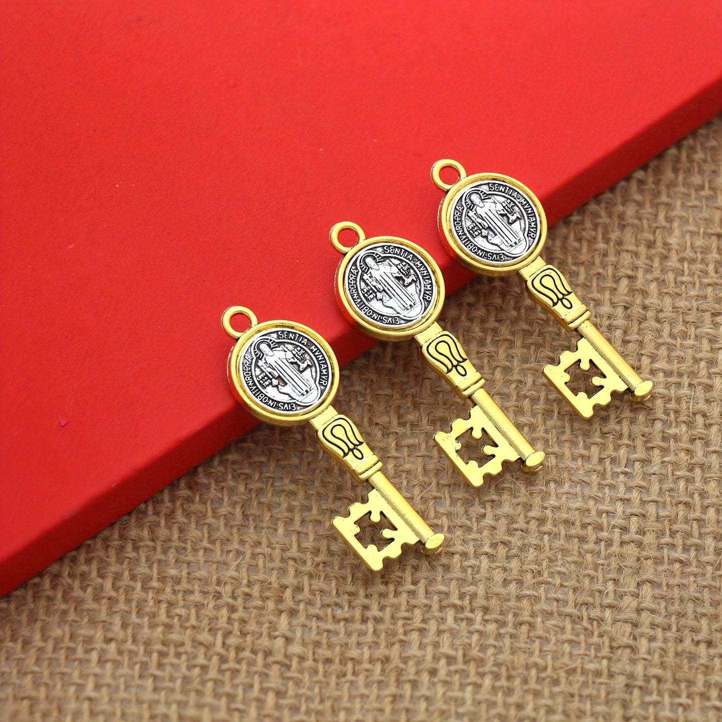 3 PCS Set  St. Benedict Medal Key Pendants - Antique Brass-like Oxidized Finish, with Hanging Hole - Catholic Religious Jewelry for Necklace, Keychain - Durable Metal Medal Charms for Everyday or Special Occasions - Compatibl