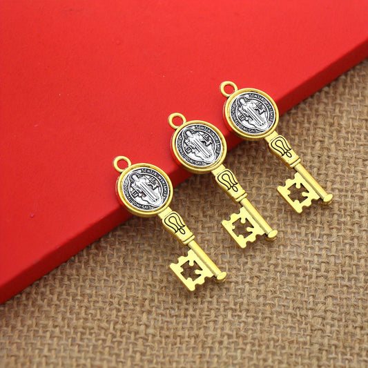 3 PCS Set  St. Benedict Medal Key Pendants - Antique Brass-like Oxidized Finish, with Hanging Hole - Catholic Religious Jewelry for Necklace, Keychain - Durable Metal Medal Charms for Everyday or Special Occasions - Compatibl