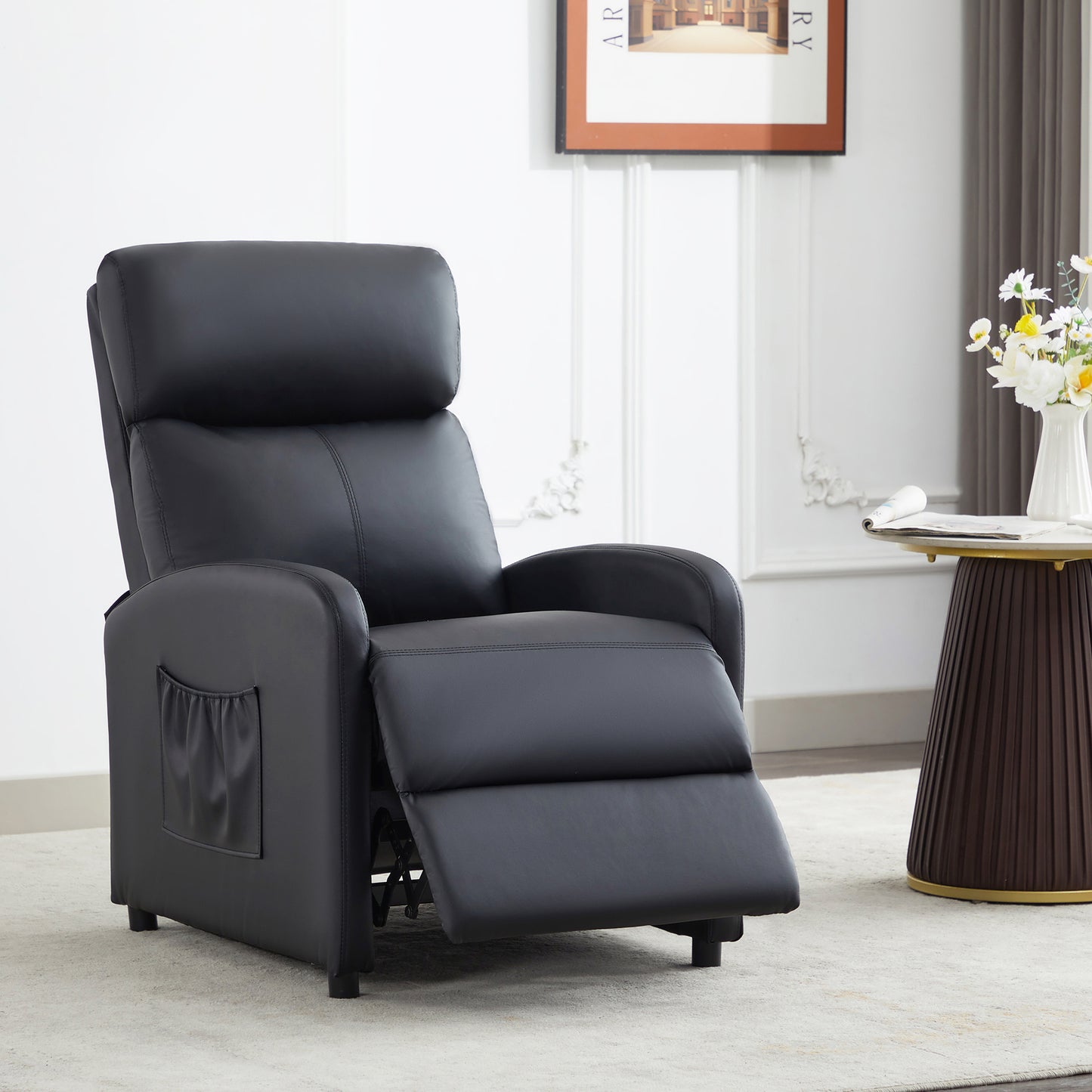 Push Back Recliner Chair Bed , Single Sofa with Lumbar Support, Padded Backrest, Side Pocket and Adjustable Leg Rest for Home Living Room