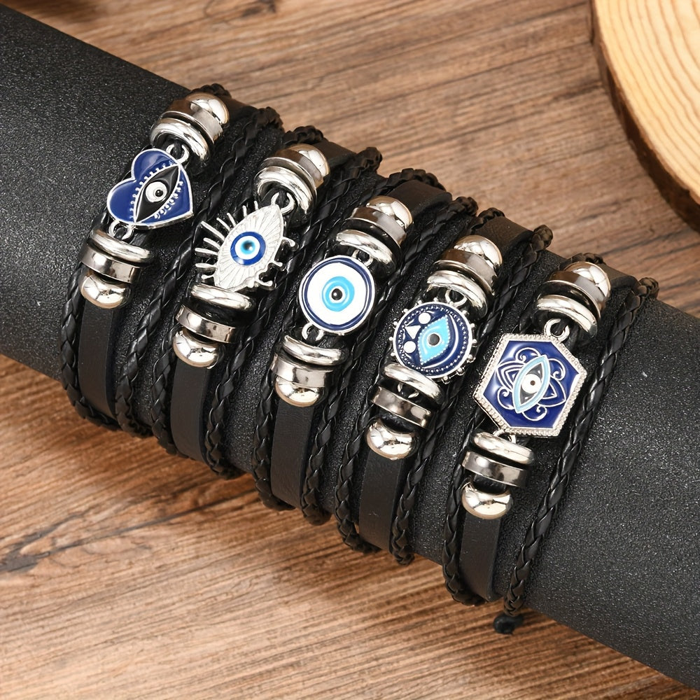 NEW 5 PCS Set of Different Glasses Devil Flower Additions PU Leather Women Girls Men's Hip-Hop Trendy Bracelet Set Adjustable Bracelet
