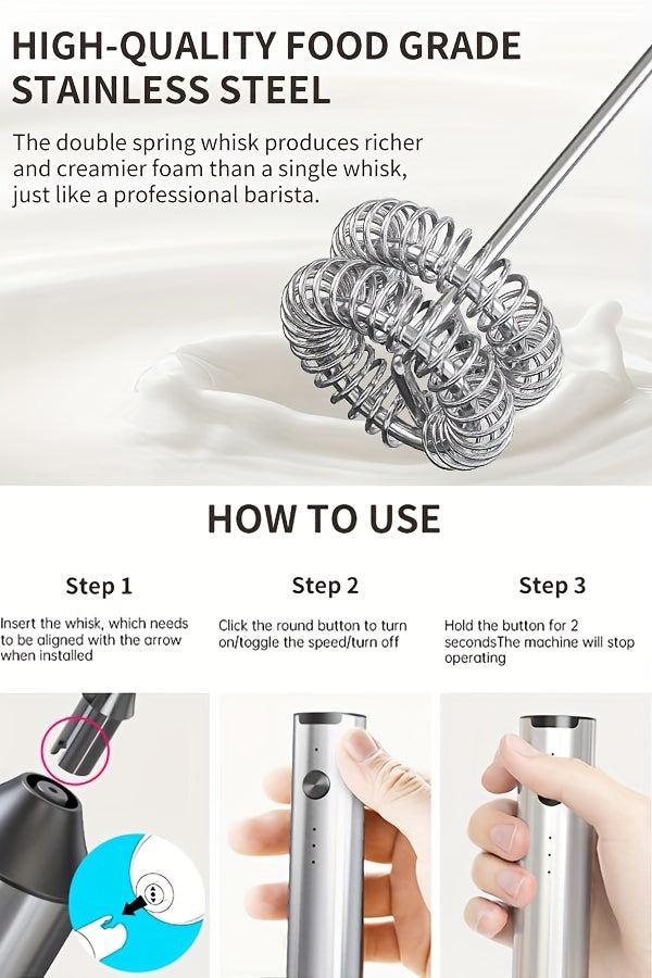 Rechargeable Electric Milk Frother, Handheld Foam Maker Whisk with 2 Heads 3 Speeds Drink Mixer, Built-in Mixing Heads for Both Milk Beaters And Egg Beaters, Quick Foaming Coffee Whisk for Coffee, Latte, Wedding Gifts, Portab