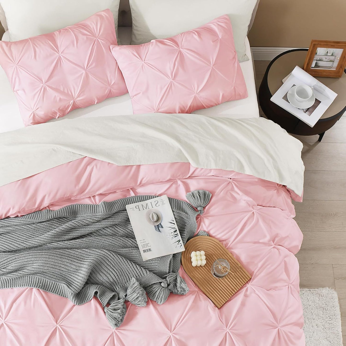 3 PCS Set 5 Colors Charcoal, Pink*Five Star Hotel* Pinch Pleated Luxury High Quality Duvet Cover Set, Soft Pintuck Bedding Sets with Pillowcases