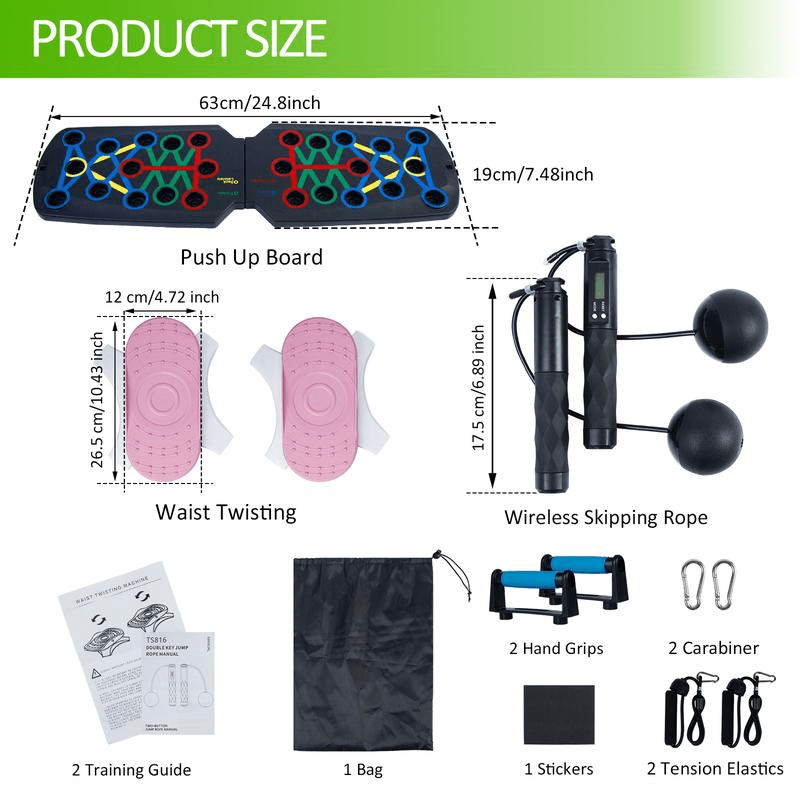 4 in 1 Full Set Home Gym Fitness Kit within Functional Pushup Board and Resistance Bands, Counting Jump Rope with Gravity Ball, Twisting discs for Contouring- Muscle Training and Stretching, Aerobics, Fat Loss and Sculpting H