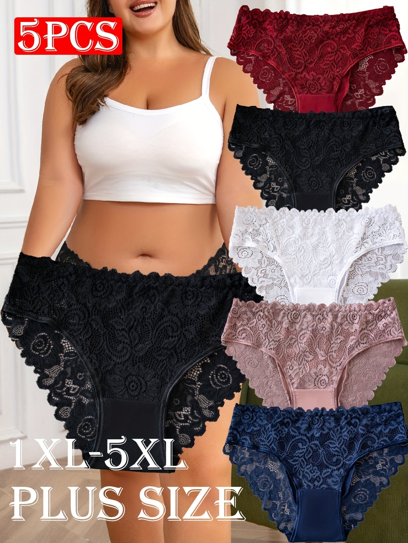 For Curvy Ladies UK XL-5XL (18-26) Plus Size 5 PCS Set Sexy Lace Panties, Comfortable and Breathable Mid-rise Underwear, Semi-transparent Lace Panels with Floral Prints, Perfect for Summer Beach Bikinis
