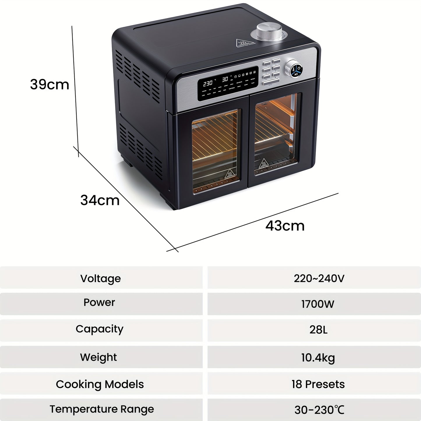 28L Air Fryer Oven with Rotating Grill, 18-in-1 Large Air Fryer Cooking Top-to-Bottom Convection Oven, Oil-Free Air Fryer Quick Baking, Pizza, Grilling, Bread, Dehydrating, 1700W Full Accessory