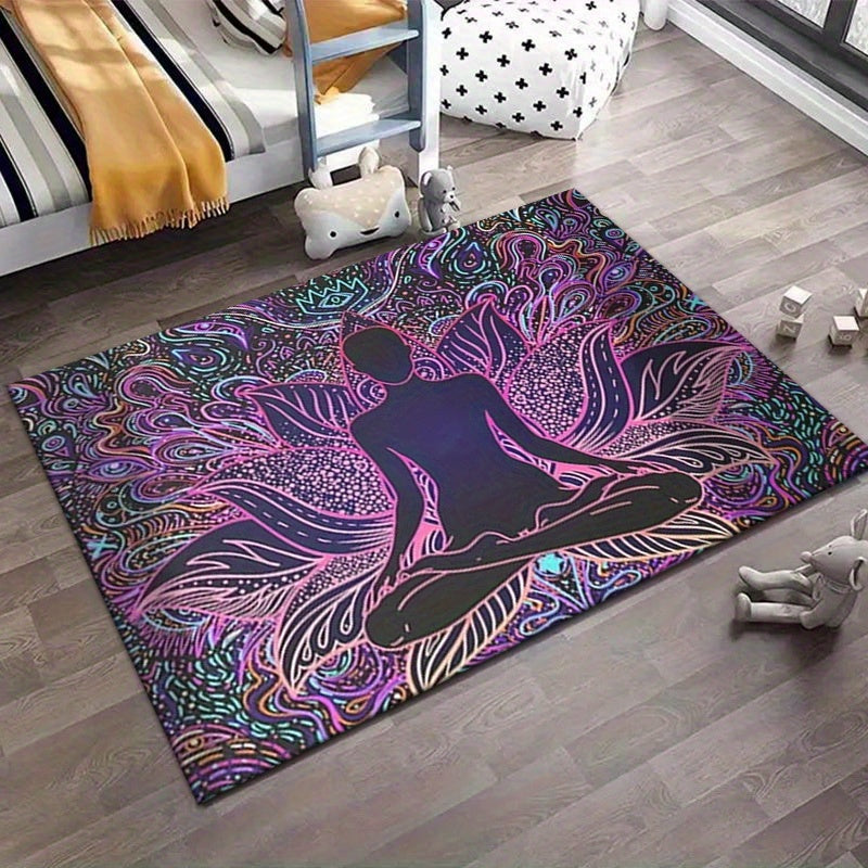 For Yoga Studio and Home Gym Vibrant Yoga Meditation Mat with Lotus Pose Design – Non-Slip, Machine Washable Velvet Mat for Hallway, Bedroom, and Living Room Decor, Perfect for Indoor/Outdoor Use