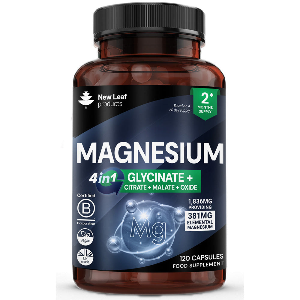 120 Fill Magnesium Glycinate 4 in1 Complex 1800mg (Glycinate, Malate, Citrate, Oxide) UK Made Magnesium Vegan Capsules for Sport Activities Health Care Supplies