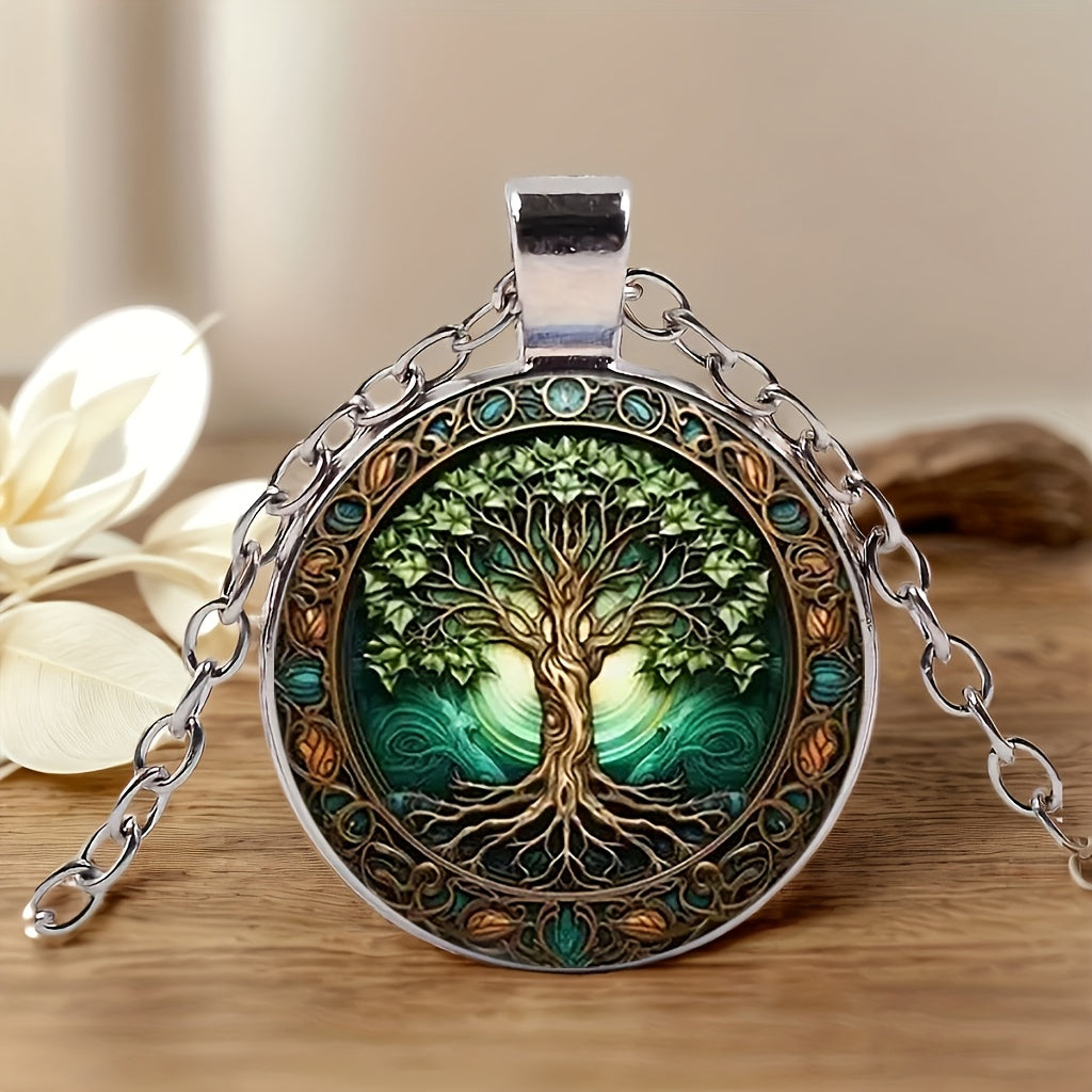 1pc Vintage Glow-in-the-Dark Tree of Life Necklace - Stainless Steel & Glass Zinc Alloy, Bohemian Style, Ideal for Daily Wear or Gifting, Tree Of Life Jewelry
