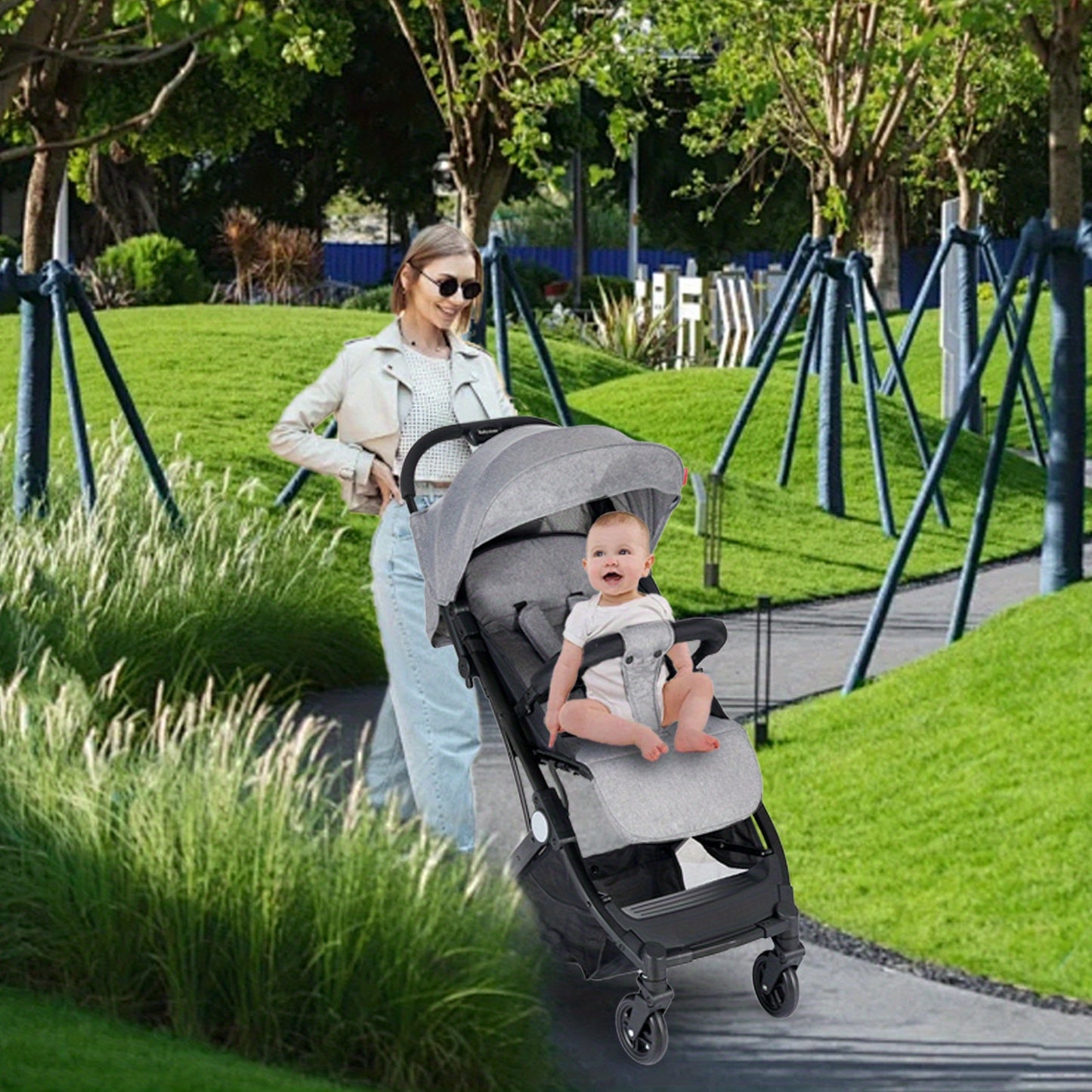 Travel Pram, Lightweight Baby Stroller, Compact Pushchair for Airplane, One Hand Foldable, Buggy with 5-Point Harness