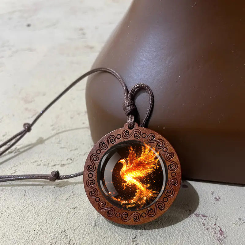 Adjustable Fire Phoenix Wooden Pendant Necklace - Vintage Boho Style, Glass Mosaic, Ideal for Daily Wear & Gifting, All-Season Accessory, Daily Wear Necklace|Vintage Boho Style|Adjustable Strap, Phoenix Jewelry