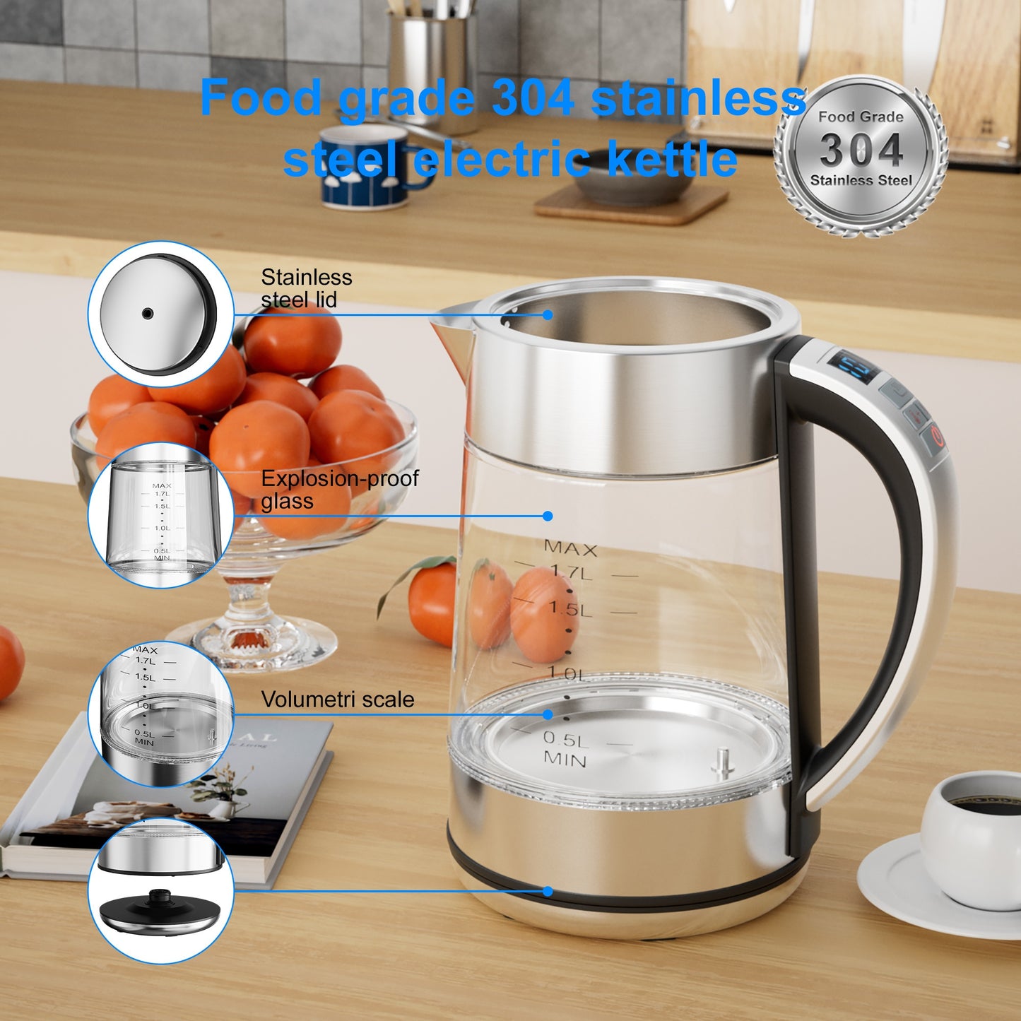 Electric Kettle with Temperature Control, LED Indicator Lights, Glass Tea Kettle & Hot Water Boiler, 360° Swivel Base,, Stainless Steel, 1.7 Liters, 3000W, Sleek Design, Modern Kettle, Highquality Build, Fast Boiling Kettle,