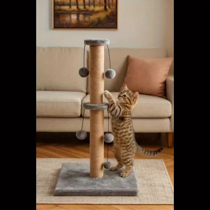 Cat Scratching Post 74cm Foldable Bottom Tall Cat Claw Scratcher with 4 Toy Ball Natural Sisal Scratch Pole and Soft Carpet Covered Heavy Base Modern Stable Design for Cats Gray