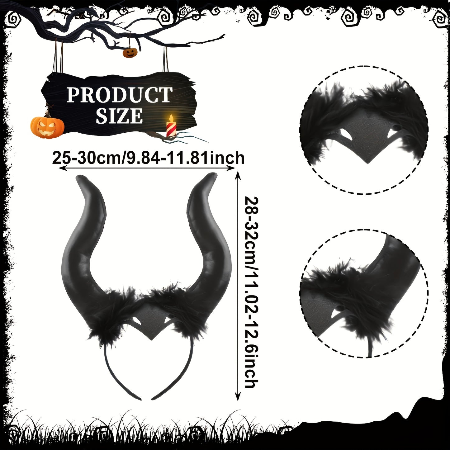 3 PCS Set Black Fallen Angel Costume Accessories Set, Including Wings Devil Horns Headband Witch Cane Halloween Clothing Supplies