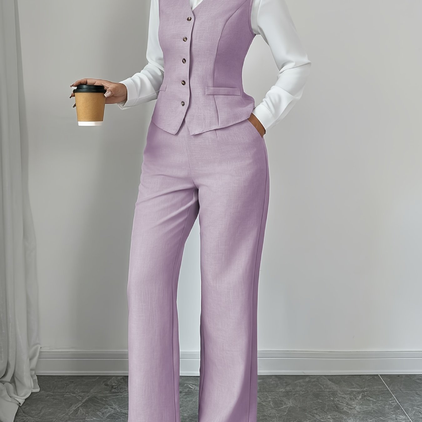 2 PCS Set UK 8-18 Size 5 Colors New Summer Women's Casual Elegant Chic Solid Color Sleeveless Single-Breasted Waist-Cinching Vest + High-Waist Wide-Leg Pants
