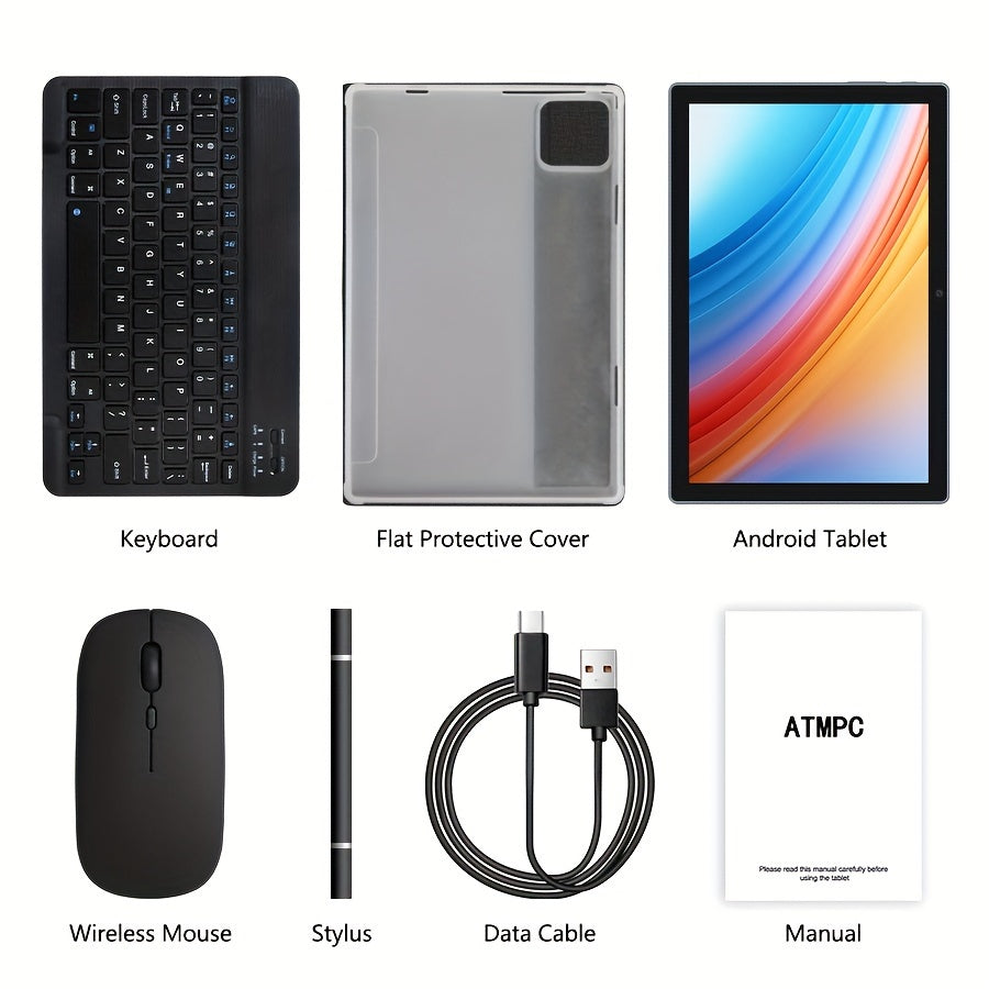 10.1-inch Android 15, 2-in-1 tablet, 64GB ROM+(4GB+8GB expansion) 12GB RAM, 5MP dual camera, 8-core processor, 1280 * 800IPS high-definition display screen, 5G Wi Fi 6, Google, equipped with mouse, stylus, keyboard, anti drop