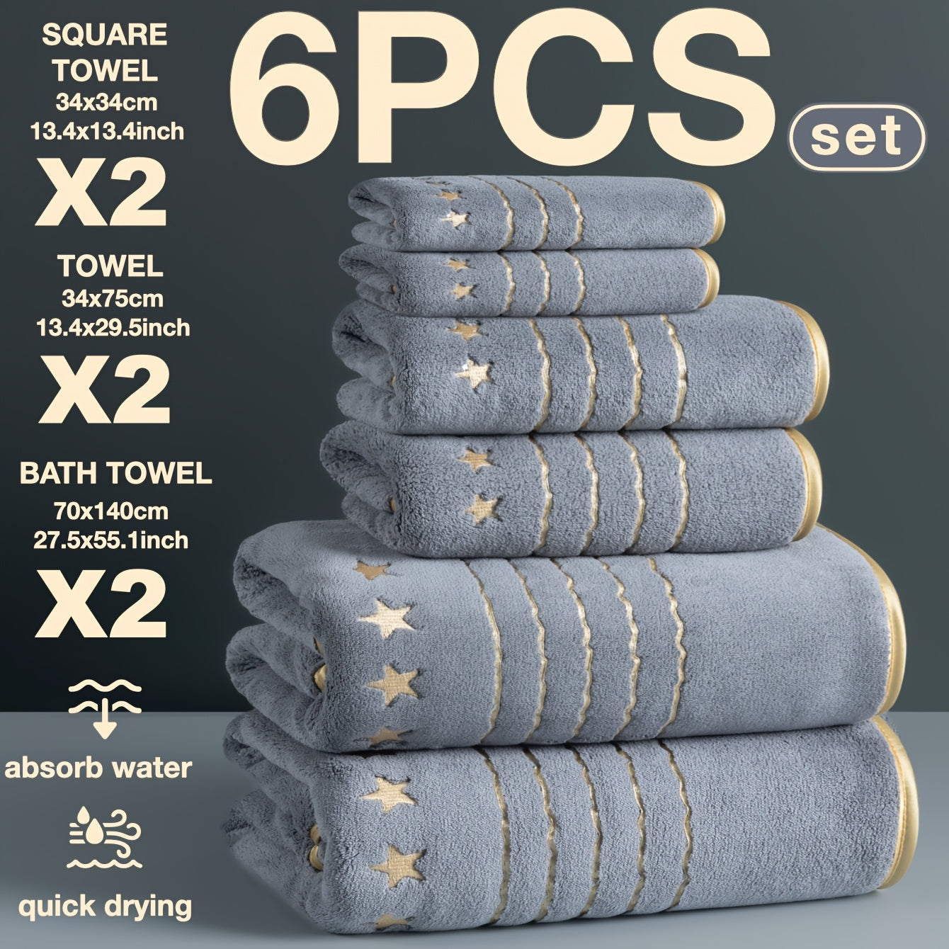 4/6-PCS Set Ultra-Soft Golden Thread Light Luxury Five-Star Embroidered Towel Bath Towel Set, 2 Bath Towels 69.85 X 139.95 cm, 2 Hand Towels 34.04 X 74.93 cm, 2 Washcloths 34.04 X 34.04 cm, Perfect for Home, Hotel, and Spa Us