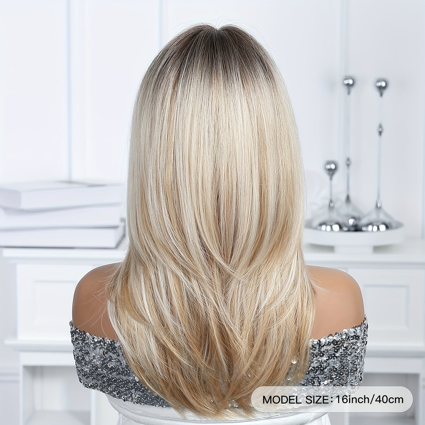 40.64cm Women's Natural Gradient Blonde to Golden Ombre Wig - Straight Hairstyle with Middle Part, Synthetic Hair for Everyday, Parties, Dates, Special Events - Easy Maintenance & Secure Fit Rose Net Cap, Hair Wig, Party Acce