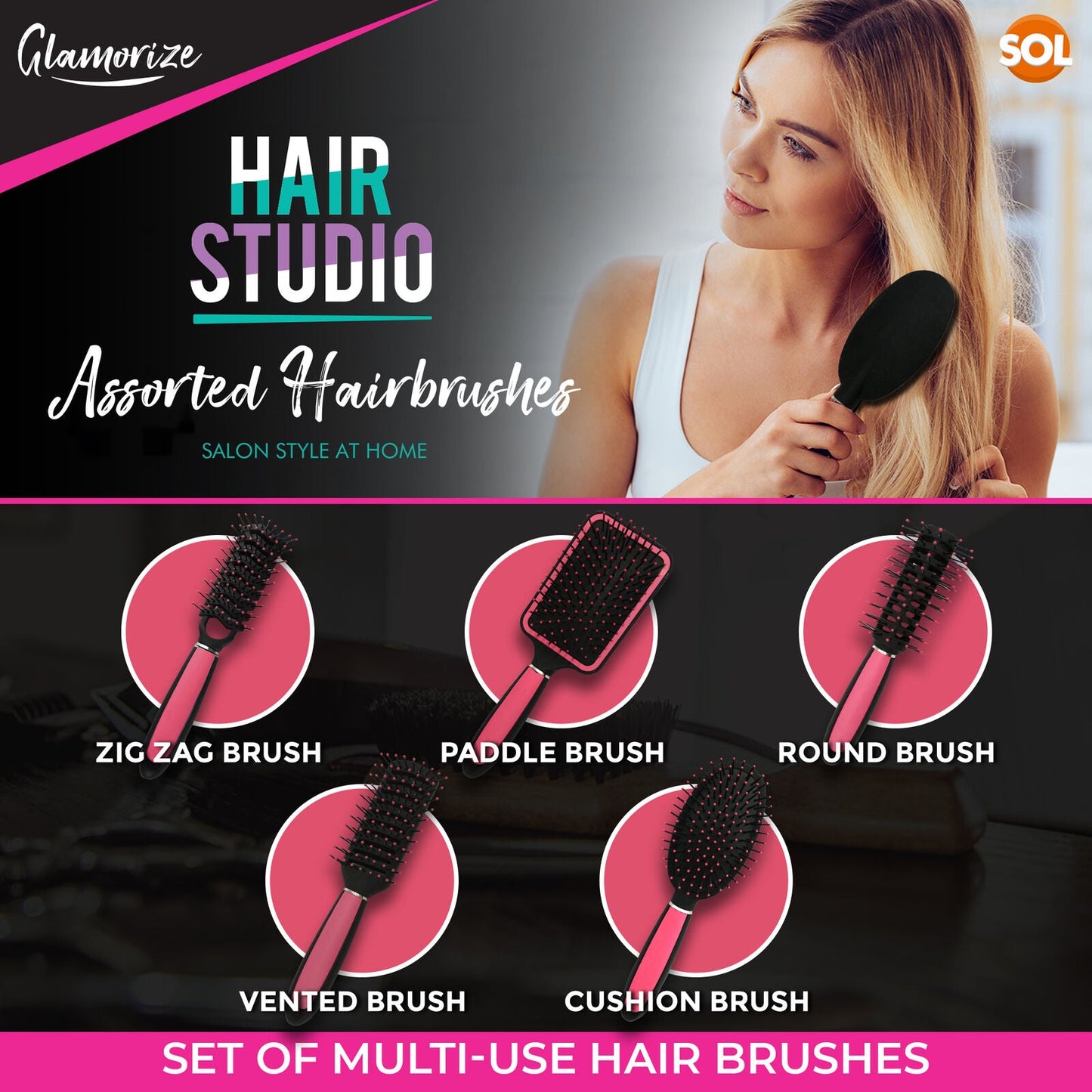 5  PCS Set Hair Brush for Women | Professional Pink Hairdressing Brushes | Paddle, Cushion, Round, Zig Zag & Vented Styling Brushes | Salon & Home Hair Brush Kit for Detangling, Volume & Smooth Styling