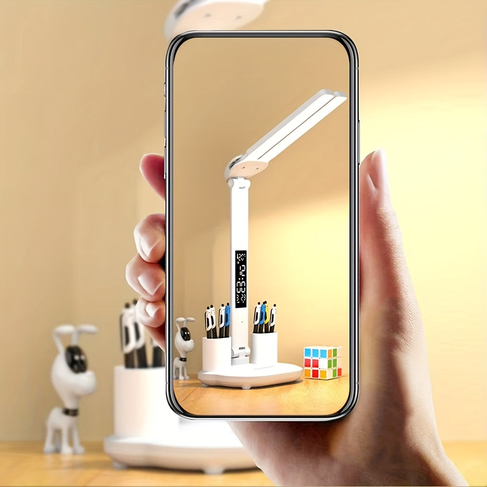 NEW Dual-head LED desk lamp with smart display screen, adjustable brightness and 3 color modes, touch operation, built-in pen holder, foldable design, USB power supply, eye protection technology for reading, suitable for bedr