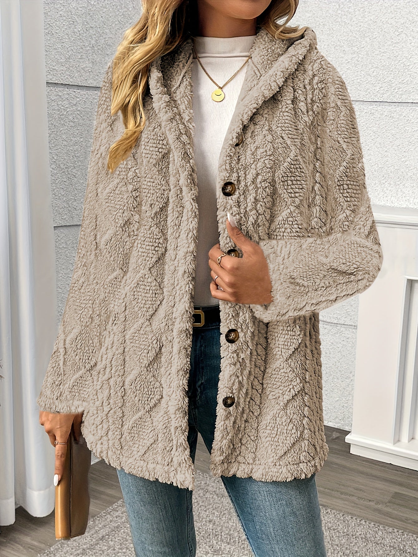 4 Colors Women's Elegant Rhombus Texture Hooded Teddy Bear Jacket - All-Season Button-Front Coat with Side Pockets, Soft Plush Fabric, Machine Washable, Versatile Casual to Formal Outerwear, Everyday Comfort Wear, Durable But