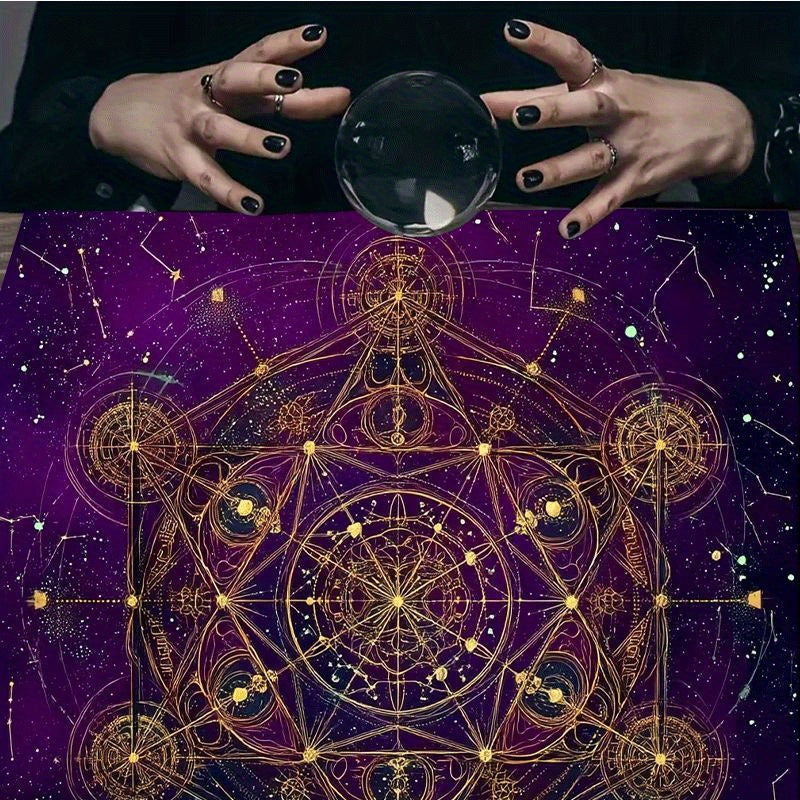 Tarot Tablecloth, Mystical Cosmic Geometry - Deep Purple Altar Clothes with Golden Symbols for Divination & Readings at Parties and Events – Durable Polyester Occult Decor w/ Celestial Patterns, Exquisite Craftsmanship, 2