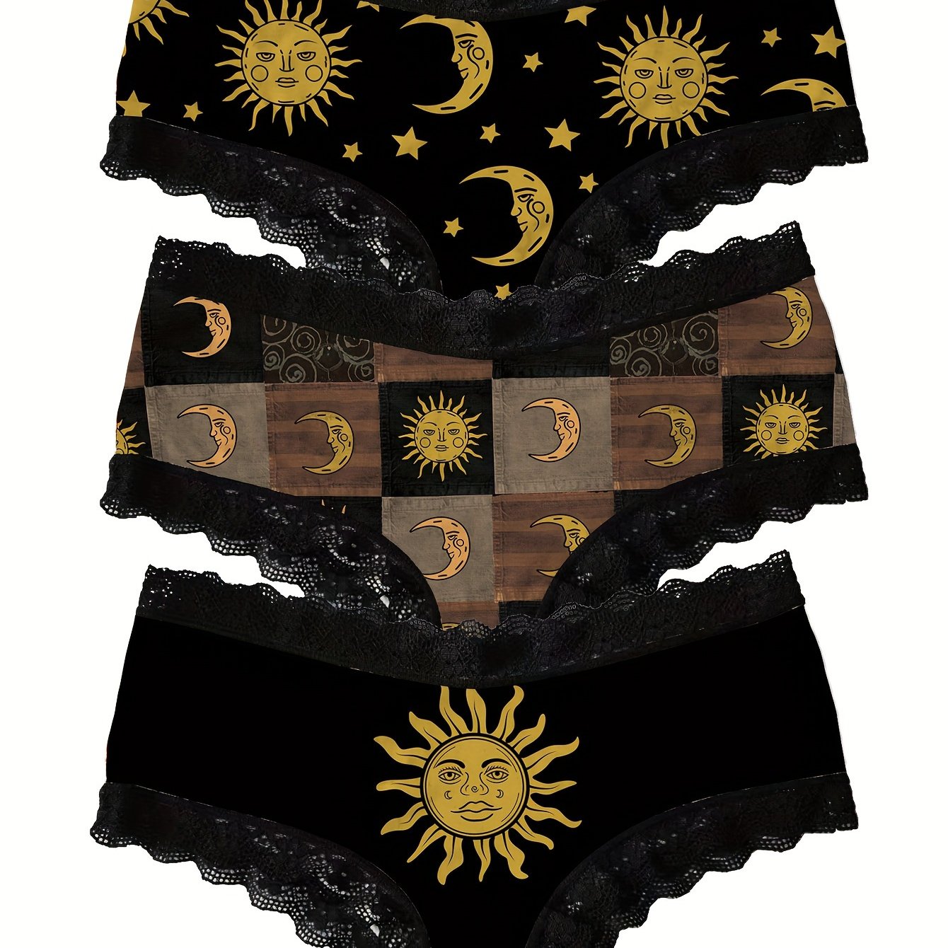 3 PCS Set UK Size Moon & Sun Print Lace Trim Briefs, Comfy Breathable Stretchy Intimates Panties, Women's Lingerie & Underwear