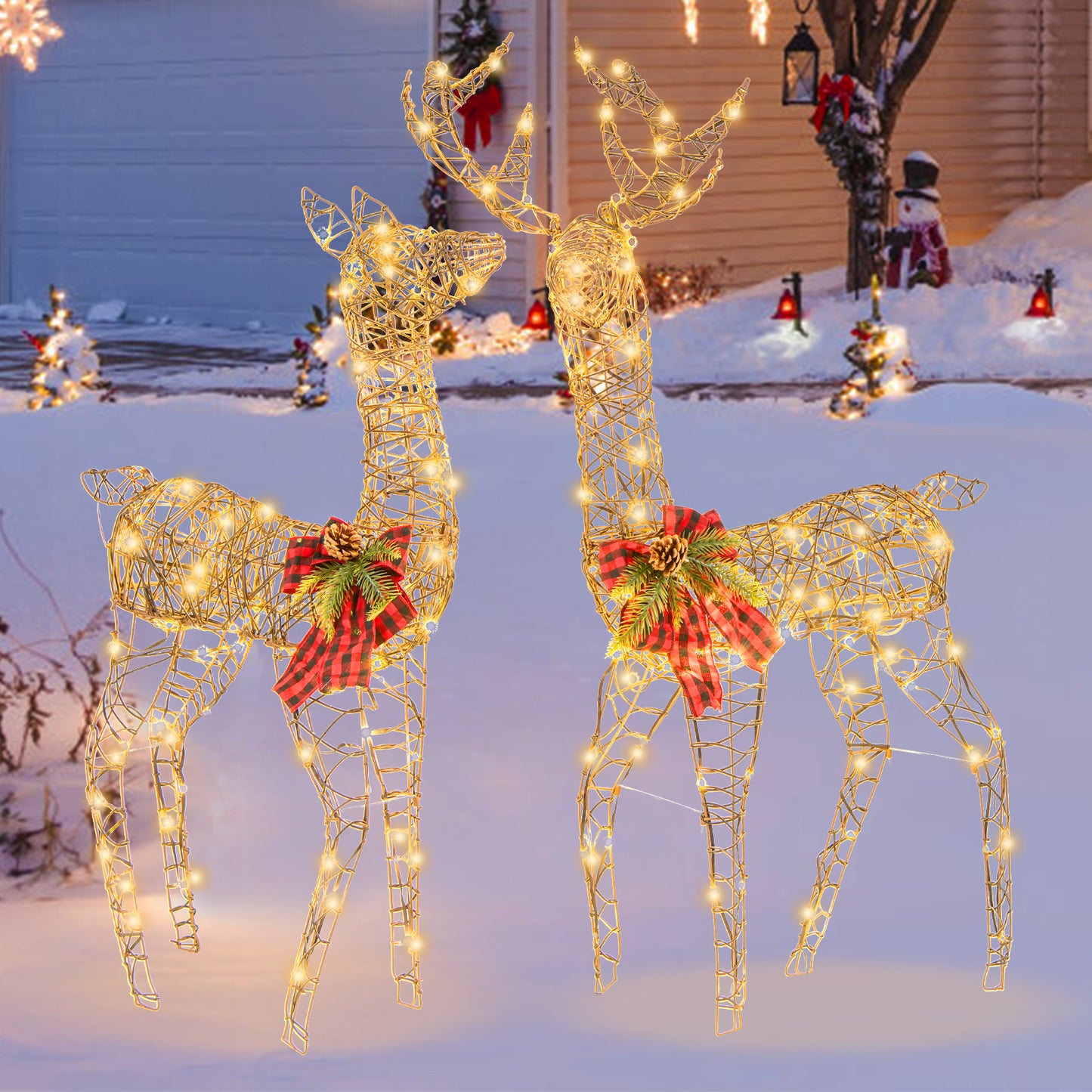 2pcs Large Lighted Reindeer Family Christmas Deer Set with 200 LED Lights - Outdoor/Indoor Display, Metal Frame with Ground Stakes, Plug-in ( Plug), for front Lawn, Garden, Patio - Holiday Decoration Set